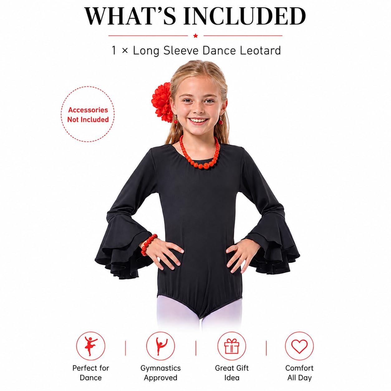 Carnavalife Body flamenco niña negro maillot danza manga larga con volante leotardo ballet gimnasia escote redondo