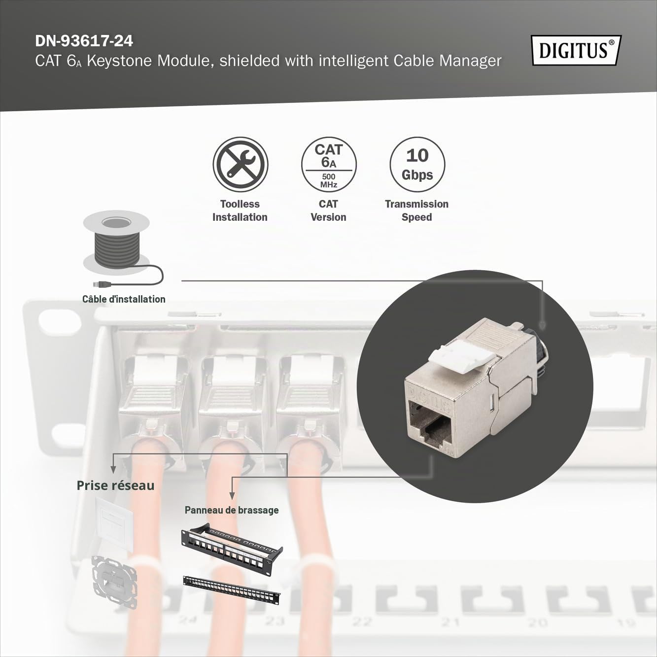 DIGITUS Module Keystone Cat 6A – 24 pièces – Organisateur de câbles | Blindé – Sans outil – LSA – PoE++ – AWG 26-22 – prise RJ45 – 500 MHz 10Base-T – 10 Gbit/s – Pour panneaux de brassage