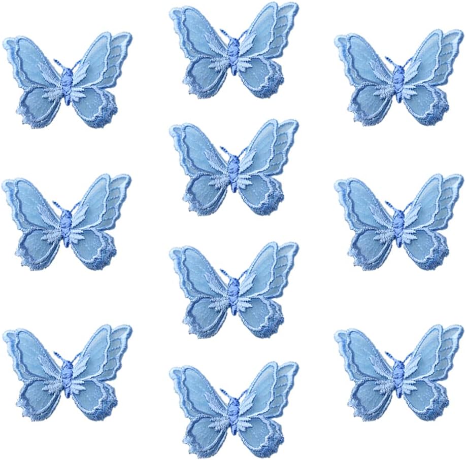 Jhesicx10pcs Butterfly Lace Trim, 3D Double Layers Organza Patches Butterfly Lace Fabric Sewing Embroidery, DIY for Party, Wedding, Bridal, Women, Dress Decoration(Blue Butterfly)
