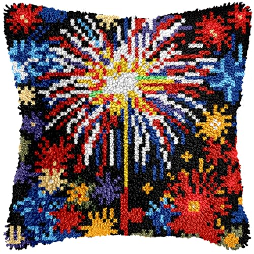 Image of Anurjah Latch Hook Pillow Kits for Adults, Crochet Kit for Beginners 17x17inch Home Decor Pillow Cover Making Kit with Crochet Tool & Precut Yarns and Coded Canvas Christmax Halloween Craft Gifts