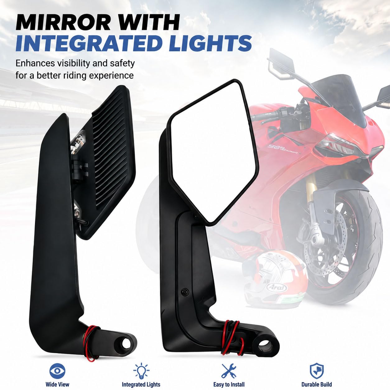 Große Motorrad Rückspiegel für Moto Guzzi V7 850 2021–2026, Verstellbare Stealth Spiegel mit Licht, Aerodynamische Windflügel Seitenspiegel
