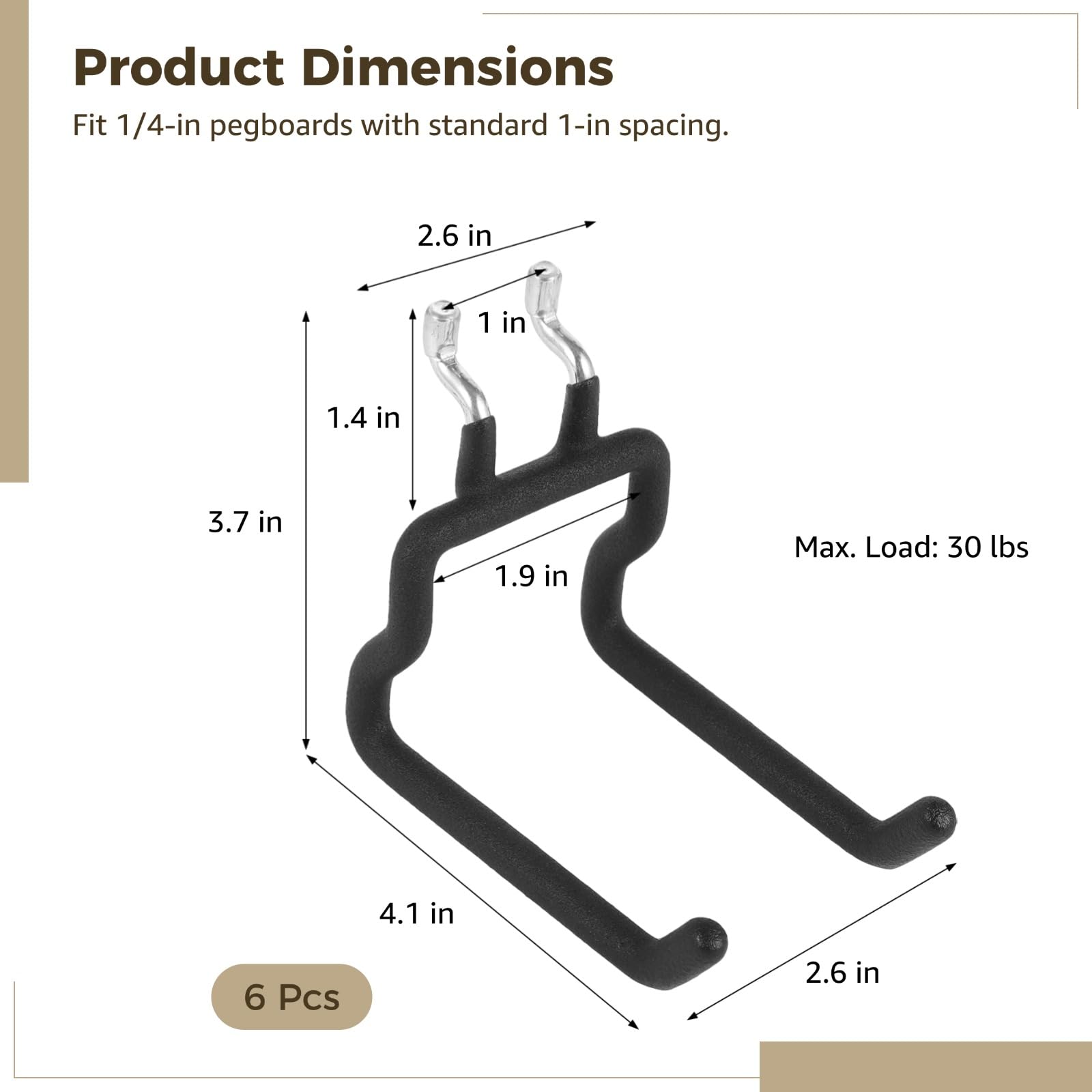 6 Pcs Heavy Duty Pegboard Hooks, 1/4