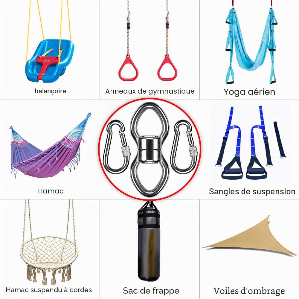 SELEWARE Pivotant pivotant à roulement Silencieux avec 2 mousquetons, Accessoire de Suspension de Dispositif Rotatif à 360 ° en Acier Inoxydable pour balançoire d'arbre,Corde à Grimper, Yoga