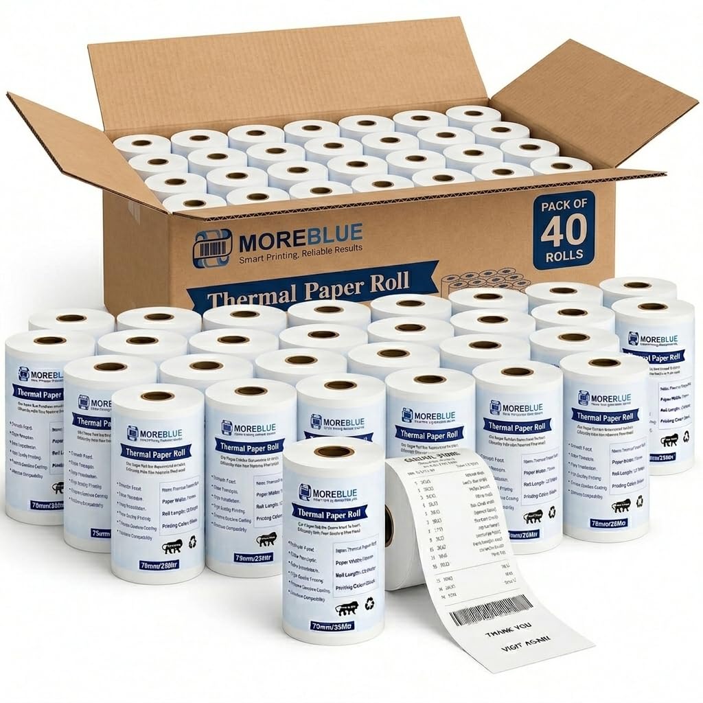 MOREBLUE® 3 Inch Thermal Paper Rolls (79mm x 25m, 55 GSM) | Ink-Free BPA-Free Receipt Paper for POS Machine, Billing Machine & Thermal Printers Pack 40