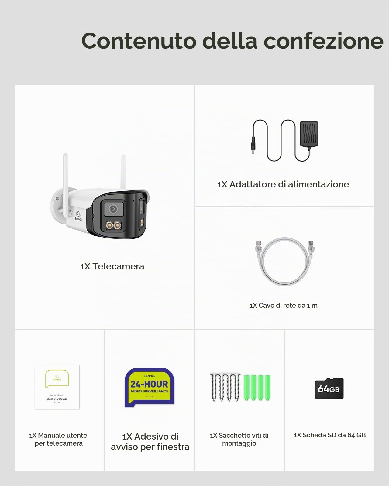 SANNCE 4MP Telecamera Wi-Fi Esterno & Interno Doppia Lente con 64GB microSD | Videocamera Sorveglianz WiFi 6 con 170 ° Grandangolare, Visione Notturna Colori, Audio a 2 Vie, Rilevamento Umana, Zoom 10X