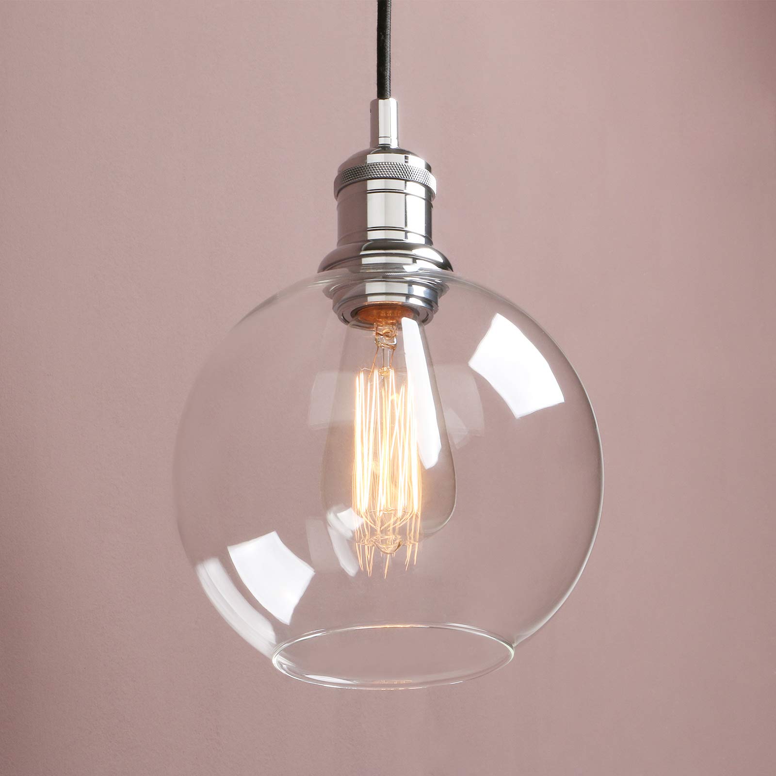 Yosoan Lighting Industrial Loft Bar 7.9” Globe Glass Shade Pendant Light Fittings, Edison Hanging Ceiling Lamp Decorative Lighting for for Kitchen Island Living Room Bedroom Dining Room (Chrome)