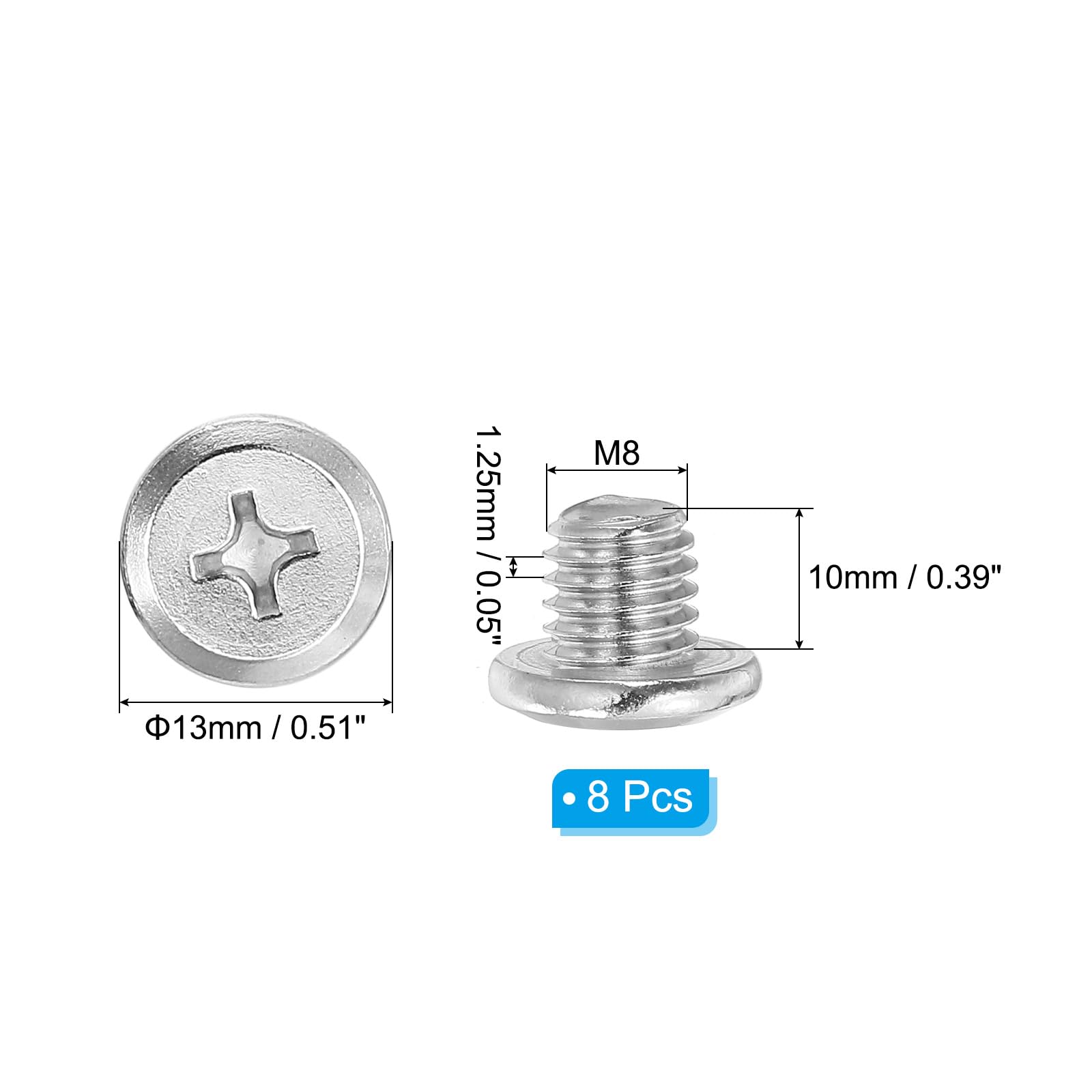 PATIKIL Flat Round Head Phillips Screws, 8 Pack M8-1.25 x 10mm Binding Screws 304 Stainless Steel 18-8 Full Thread - Image 2