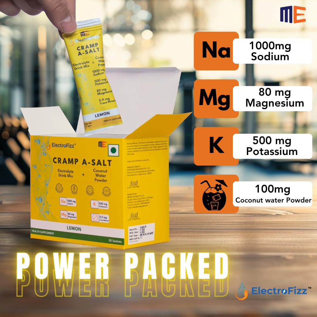Cramp A-salt Electrolyte Mix | Sodium, Potassium, Magnesium, Coconut Water Powder | Zero Sugar|Endurance Electrolytes|Hydration Support (30 Sticks, Lemon) - Image 2 thumbnail