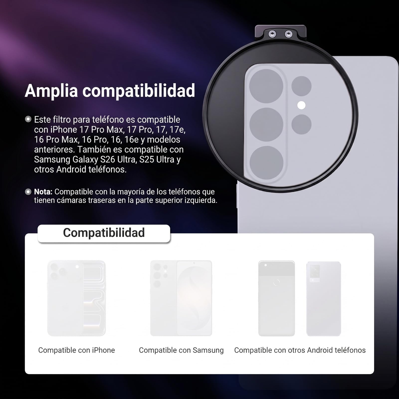 NEEWER 67mm Clip Filtro de Móvil, Abrazadera Filtro Objetivo Montura Zapata Fría, Accesorios Fotografía Celular Compatible con iPhone 17 Pro MAX 16 Pro MAX Air 17e 16e Android Samsung S26 Ultra,LA009