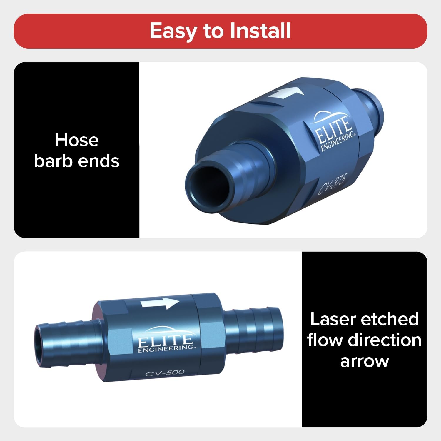 Elite Engineering - 3/8" (10mm) High Flow Check Valve - One-Way Automotive Fuel Check Valve - Hose Barb Ends - High Temperature and Pressure - Black Anodized Aluminum