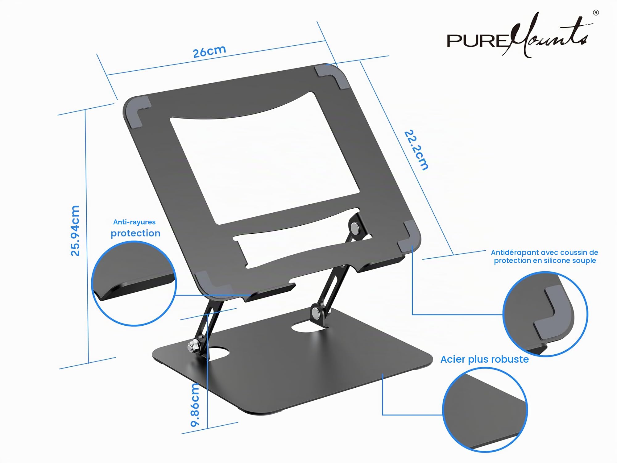 PureMounts Support Ordinateur Portable Réglable Hauteur Pliable Ergonomique Base Pivotante 360° Ventilation Patins Antidérapants Noir
