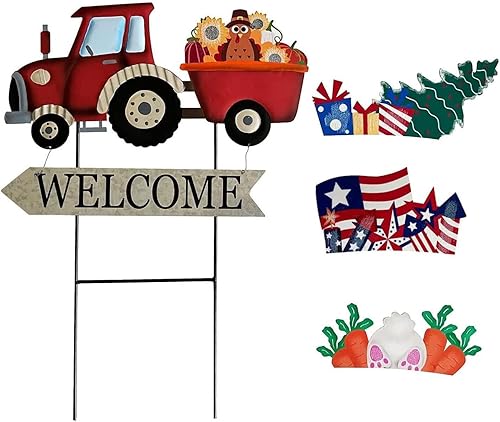 Miniatura 9 de Estaca de metal vintage para patio con letreros de temporada, letrero de bienvenida de Pascua de metal para exteriores, feliz Navidad, 4 de julio,