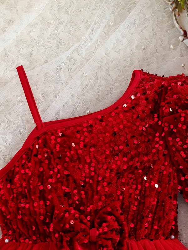 Image of Niren Enterprise Girl's Fit And Flare Knee Length Sequence String Sleeve Off Shoulder Neck Fla Dress with Sequence Bow