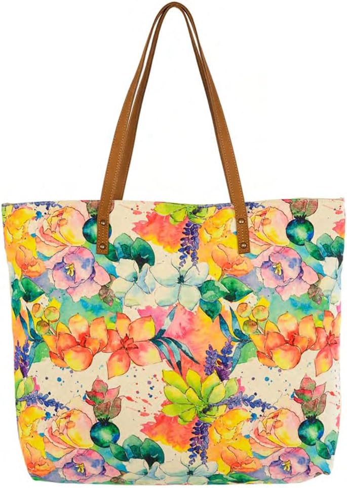 COTT N CURLS Aquarelle Floral Tote Bag for Women - 26x20 Flower Purses for Women, Watercolor Printed Canvas and Leather, Casual Summer Purse, Summer Handbags, Cute Gifts for Mom, Sister, Friend, Aunt