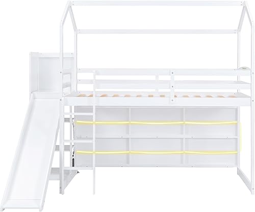 Miniatura 4 de Harper & Bright Designs Twin Size House Loft Bed with Slide and Light, Wooden Loft Bed with Storage Shelves and Guardrail, for Teens Boys Girls