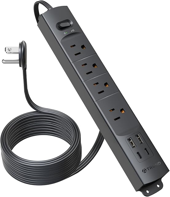 TROND Surge Protector Power Bar with 2 USB C, 4 Outlet Charger, Black, 15ft | Slim Ultra-Thin Flat Plug Extension Cord Long, 1440 J, ETL Listed, Wall Mount, Home Dorm Room Essentials for Christmas