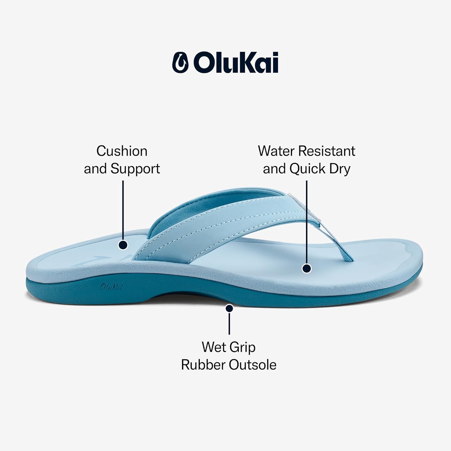 OLUKAI Ohana Women's Beach Sandals, Water Resistant Flip Flops, Arch Support & Comfort Fit, Lightweight & Durable, Enhanced Grip & Traction, Misty Blue/Misty Blue, 10