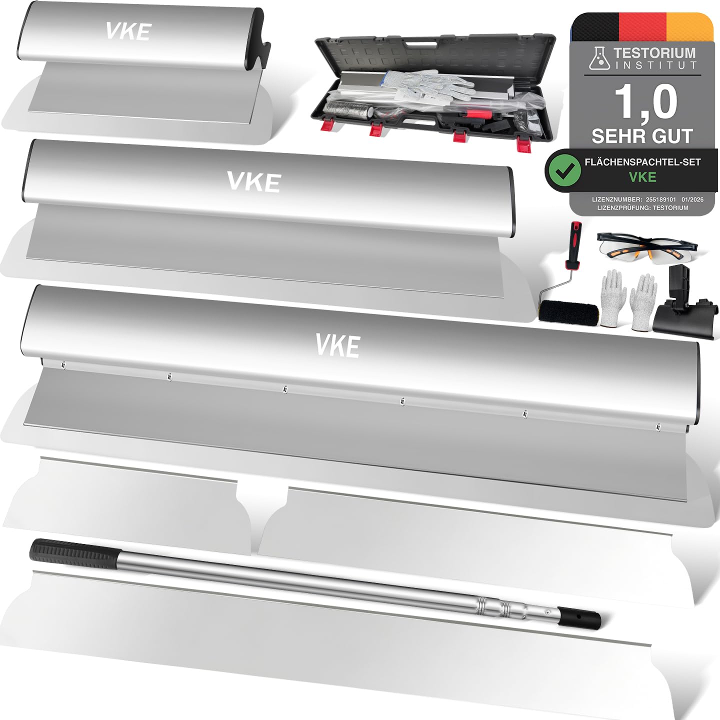 VKE Flächenspachtel,Spachtel Set 30/50/80 cm mit Austauschbaren Klingen | Griff aus Aluminiumlegierung mit 2,1 m Teleskopstange, Koffer und Walzenbürste zum Verputzen von Wänden und Decken