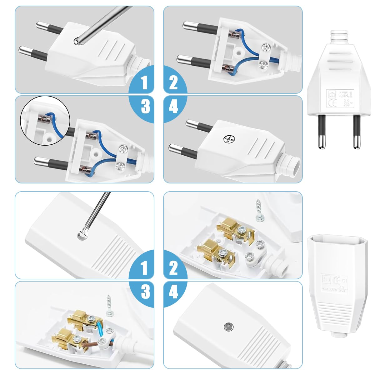 4 Pezzi DIY Spina Europea Piatta 250V/2.5A Spina Piatta maschio e femmina, Spina Elettrica - Adattatore per Elettrodomestici, Illuminazione e Piccoli Apparecchi con Cacciavite Adatto(Bianco)