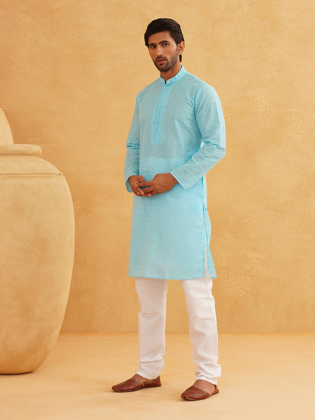 Sojanya (Since 1958 Ethnic Motifs Embroidered Thread Work Pure Cotton Sky Blue Straight Only Kurta