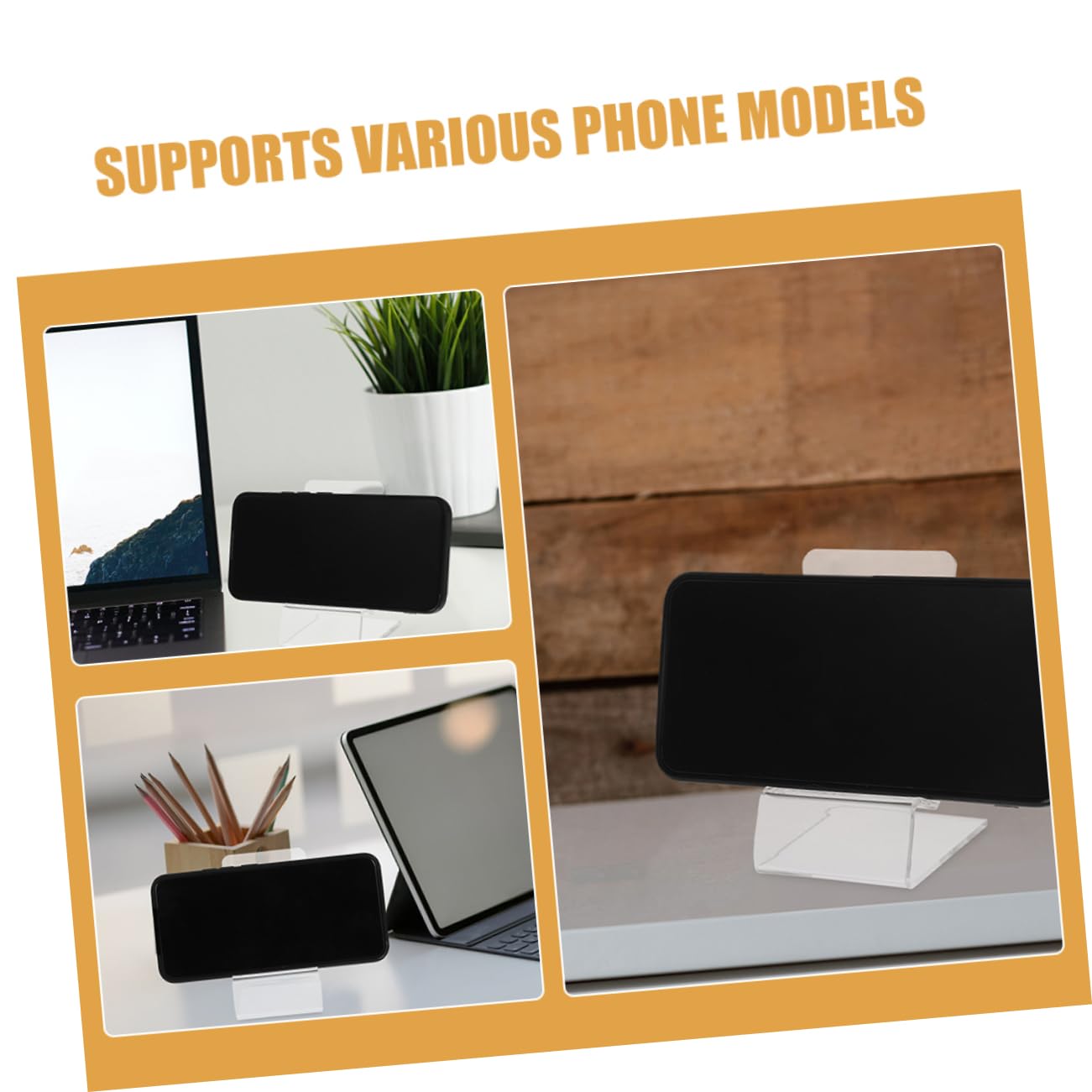 Soporte para Teléfono Móvil Uso Manos Libres Transparente de Escritorio Compatible con Varios Modelos 15 Unidades, Acrílico Resistente, Compacto para Oficina y Hogar