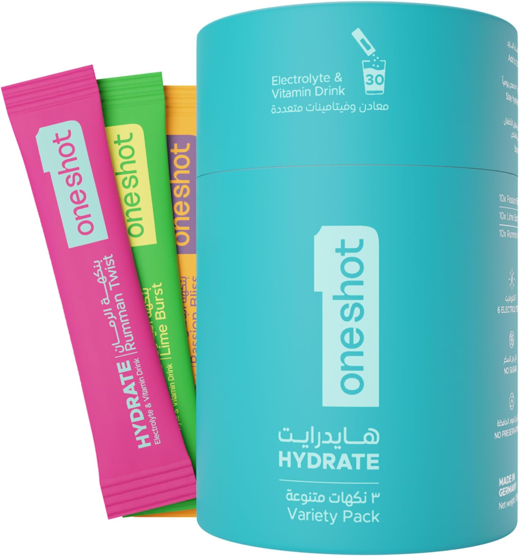 Hydration Variety Pack, Sugar Free Electrolyte Powder Drink Mix with Vitamins and Zinc, No Aftertaste, Lime, Pomegrenate and Passion Fruit Flavors, 30 Sachets