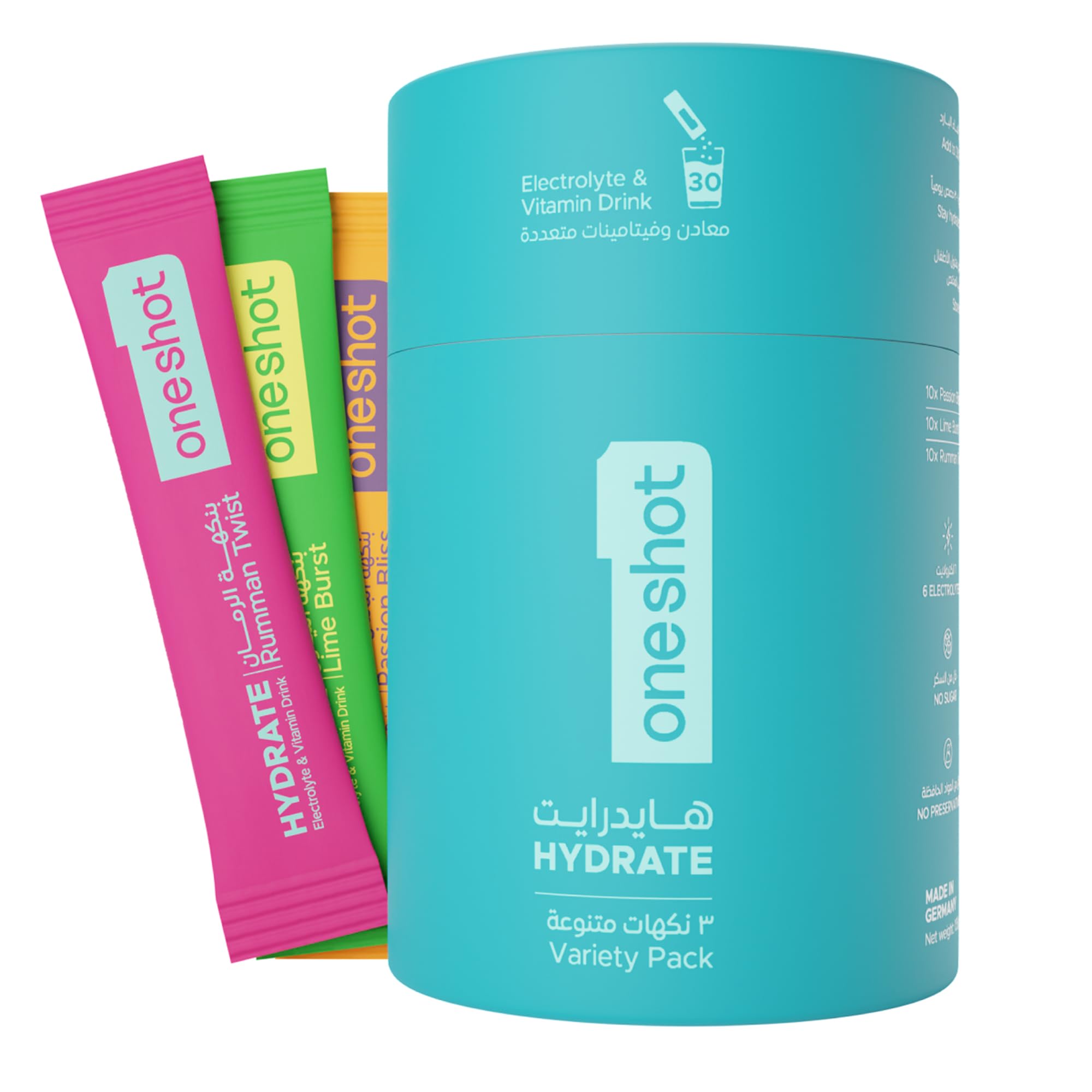 oneshot Hydration Variety Pack, Sugar Free Electrolyte Powder Drink Mix with Vitamins and Zinc, No Aftertaste, Lime, Pomegrenate and Passion Fruit Flavors, 30 Sachets