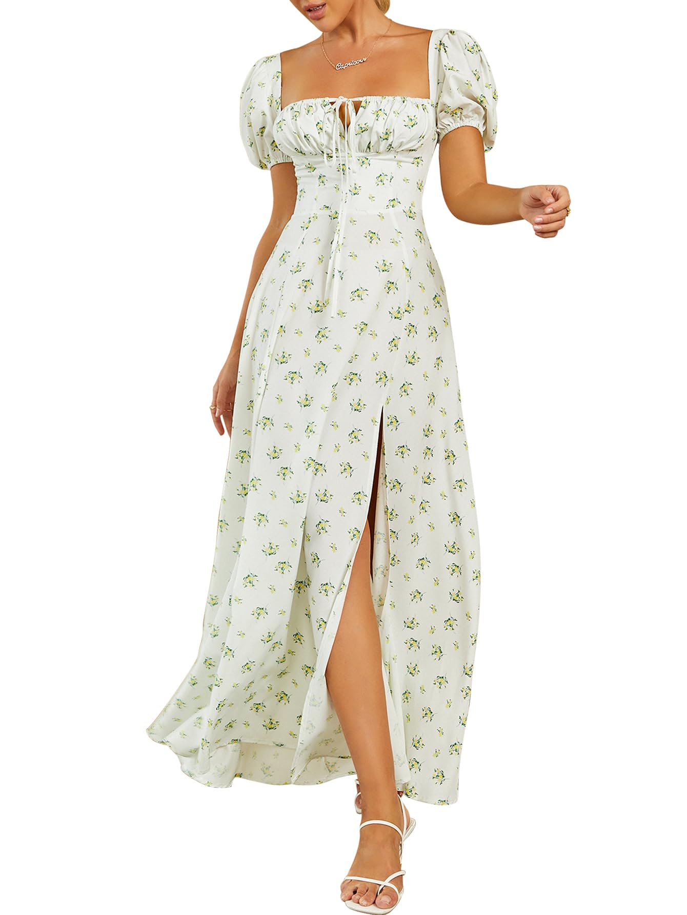KUTUMAI Women Summer Puff Sleeve Off Shoulder Floral Flowy Long Maxi Dress