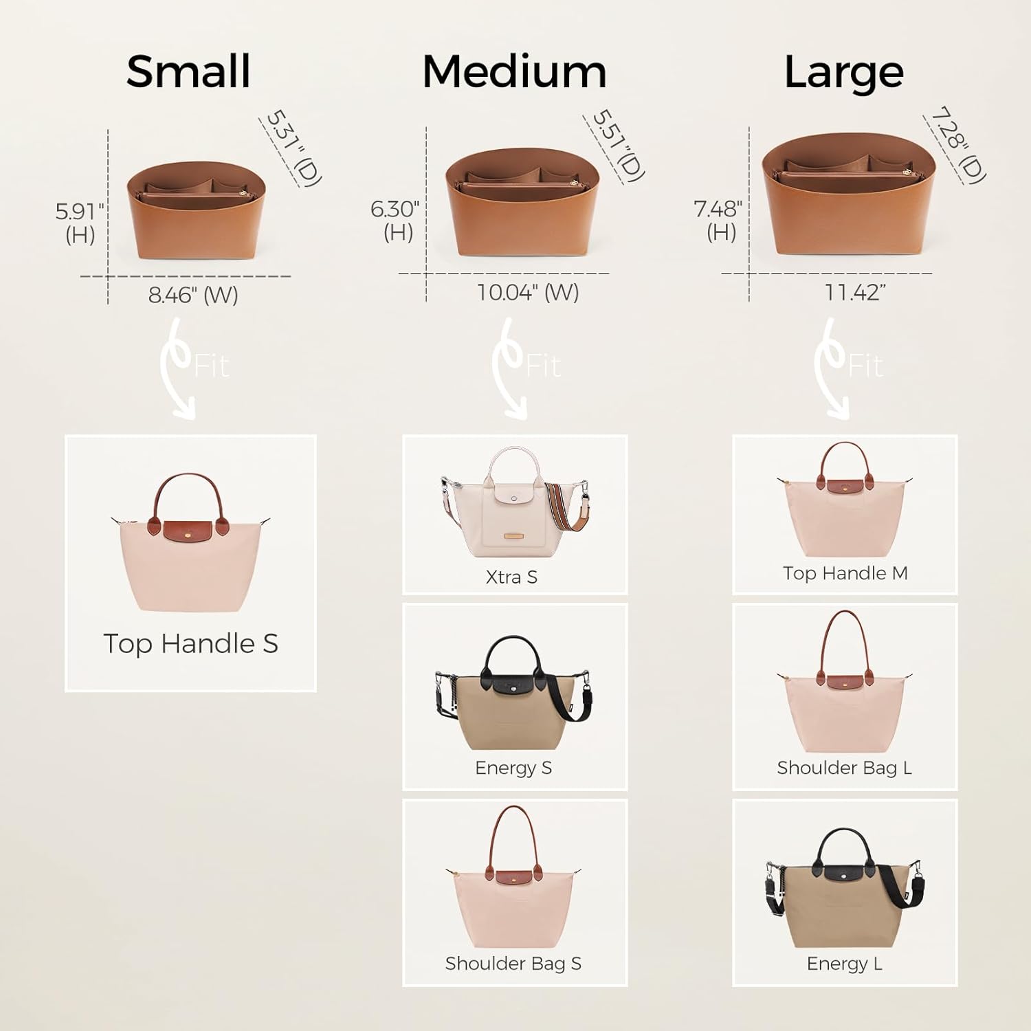 ZTUJO Purse Organizer Insert For Handbags For Le Pliage, Ultra-light Waterproof DupontPaper Upgraded Purse Organizer Insert (Brown, Medium) Medium Brown