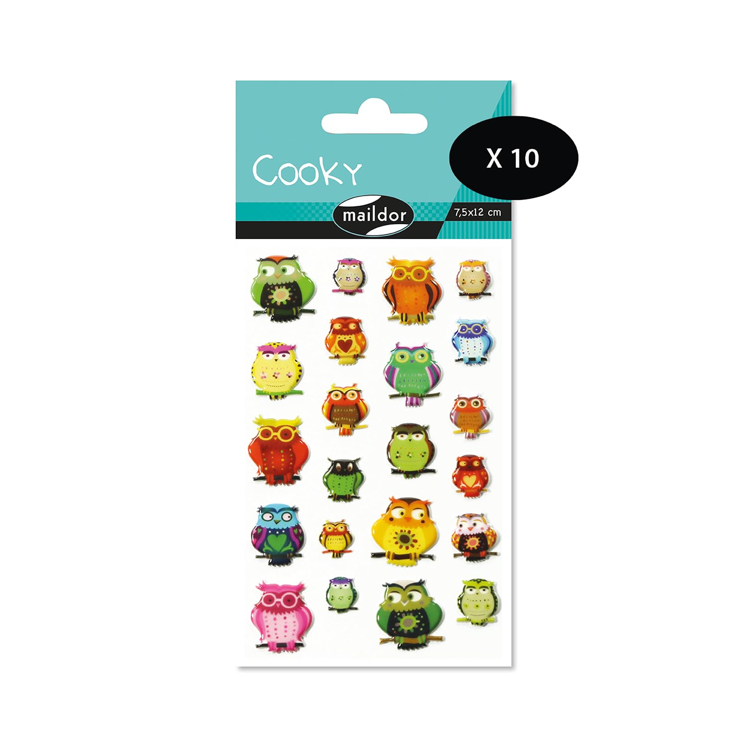 Maildor 560407Cpack - GOMMETTES 3D Cooky - LOT DE 10 planches 12x8 cm - 220 Stickers - HIBOUX, Multicolored