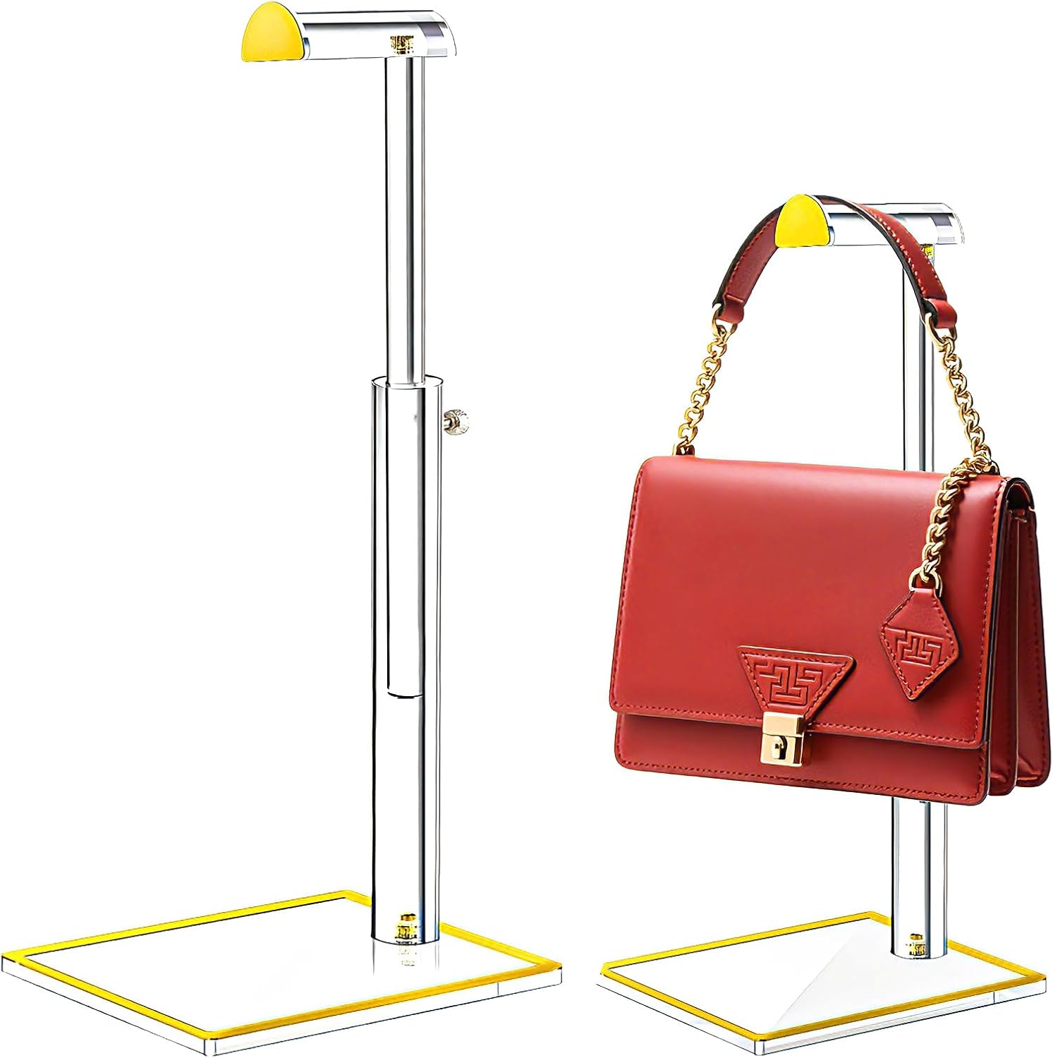 2 Pack Acrylic Handbag Display Stand, Gold Trim Clear Purse Holder 14"-24" Adjustable Height Thicken Anti-slip Base, Purse Rack Hanging Evening Bags Clutch Jewelry for Table Closet Retail Vendors