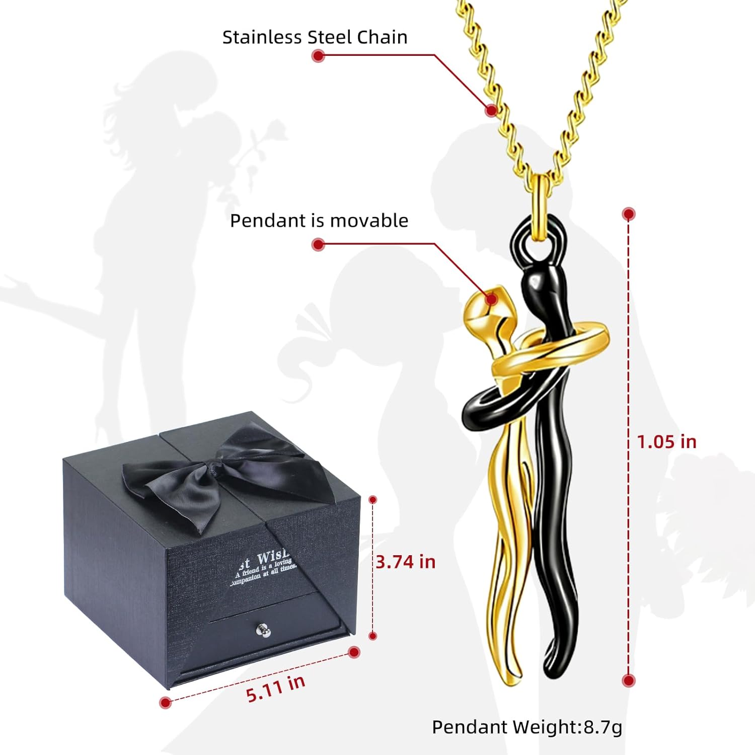 Preserved Red Real Rose with Boy and Girl Hug Necklace, Birthday, Anniversary, Valentine's Day Gifts for Women Her Mom Wife Girlfriend Grandma on Valentines Mothers Day Xmas Anniversary Romantic - Image 5