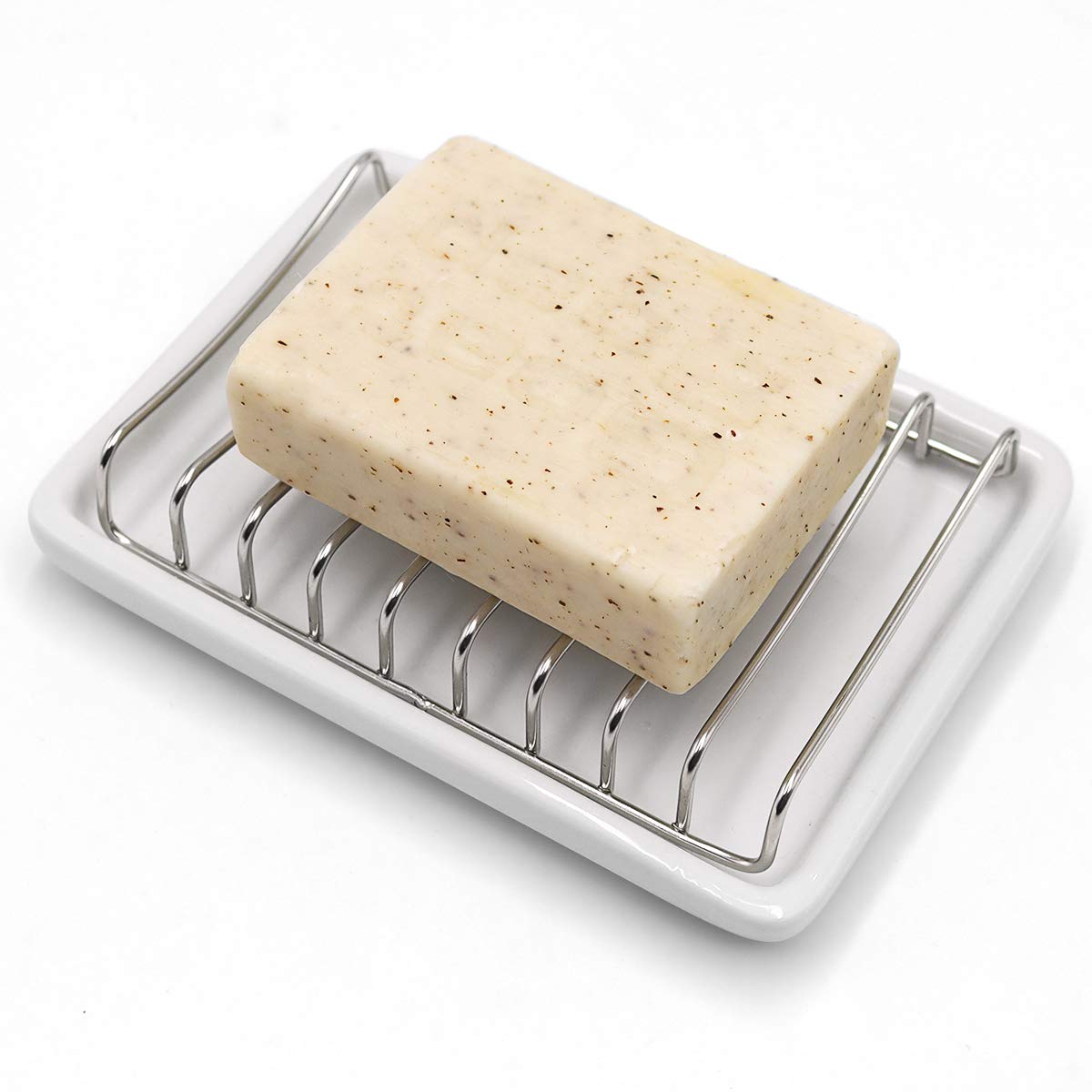 Topsky Ceramic Soap Dish, Bar Soap Holder, Soap Container, Soap Case, Self Draining Soap Dish for Bathroom Kitchen Sink, 304 Stainless Soap Tray, Double Layer Soap Dish Drainer, No Mushy Soap