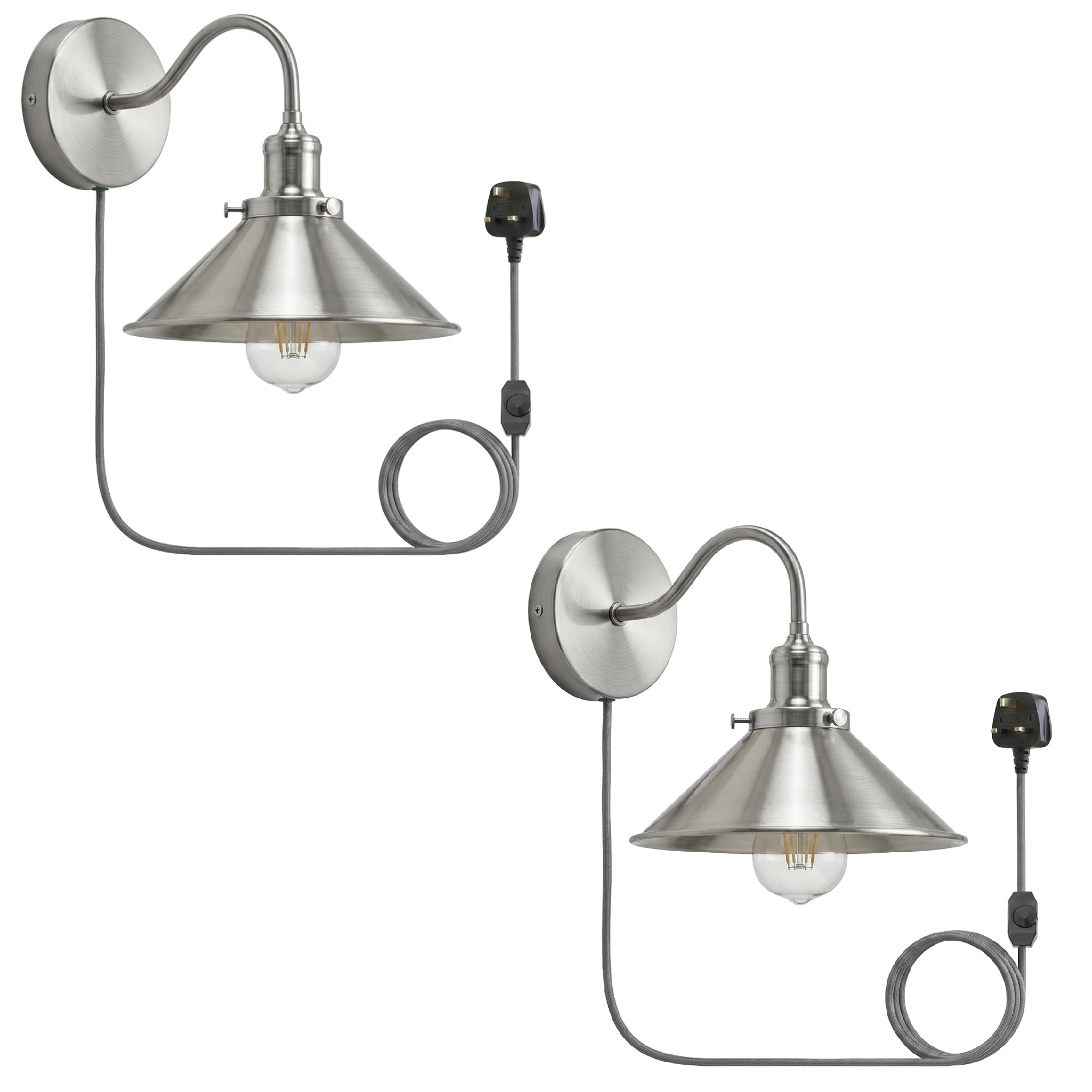 LEDSone 2 Pack Industrial Copper Wall Sconce with Plug-in Cord, Vintage Metal Shade, Rustic Farmhouse Wall Light with On/Off Switch - Easy Install Wall Mount Lamp for Bedroom (Satin Nickel. Pack-2)