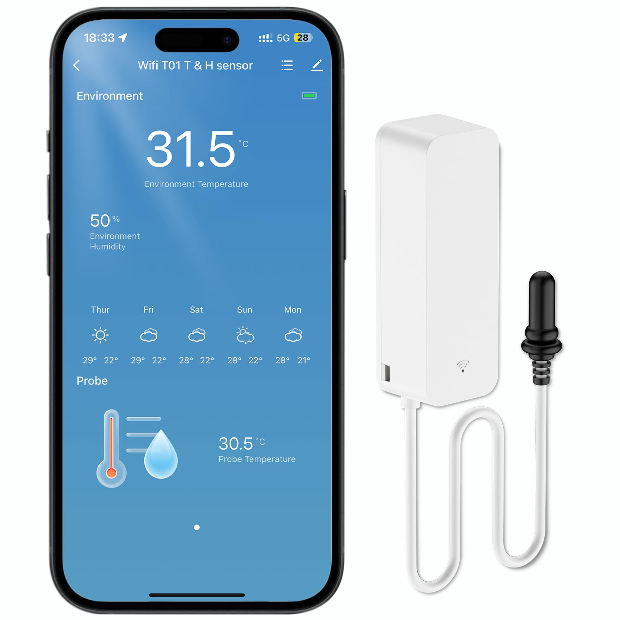 WiFi - Hygromètre Thermomètre - Capteur, Wlan Capteur de Température et d'Humidité avec Capteur Externe pour Réfrigérateur Congélateur Reptiles Animaux de Compagnie Salon (1 Pièce)