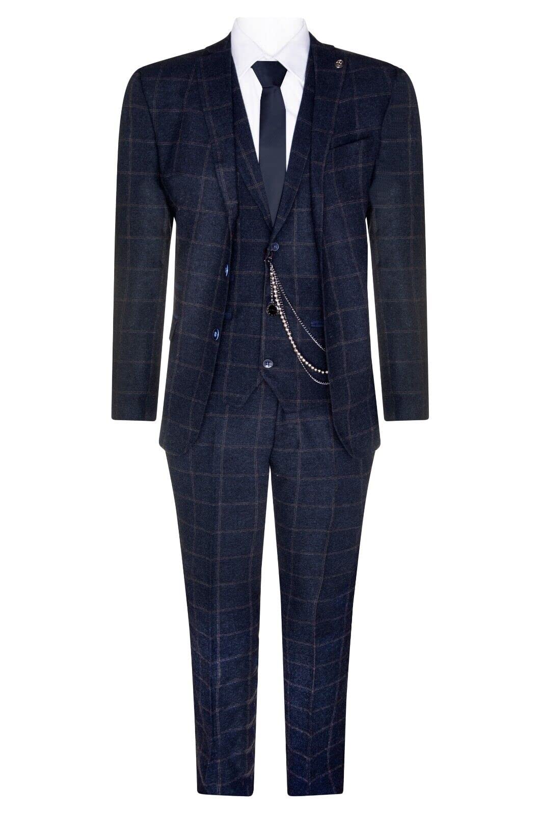 Truclothing Men's Navy Blue 3 Piece Wool Suit Tweed Check Peaky 1920 Gatsby Formal