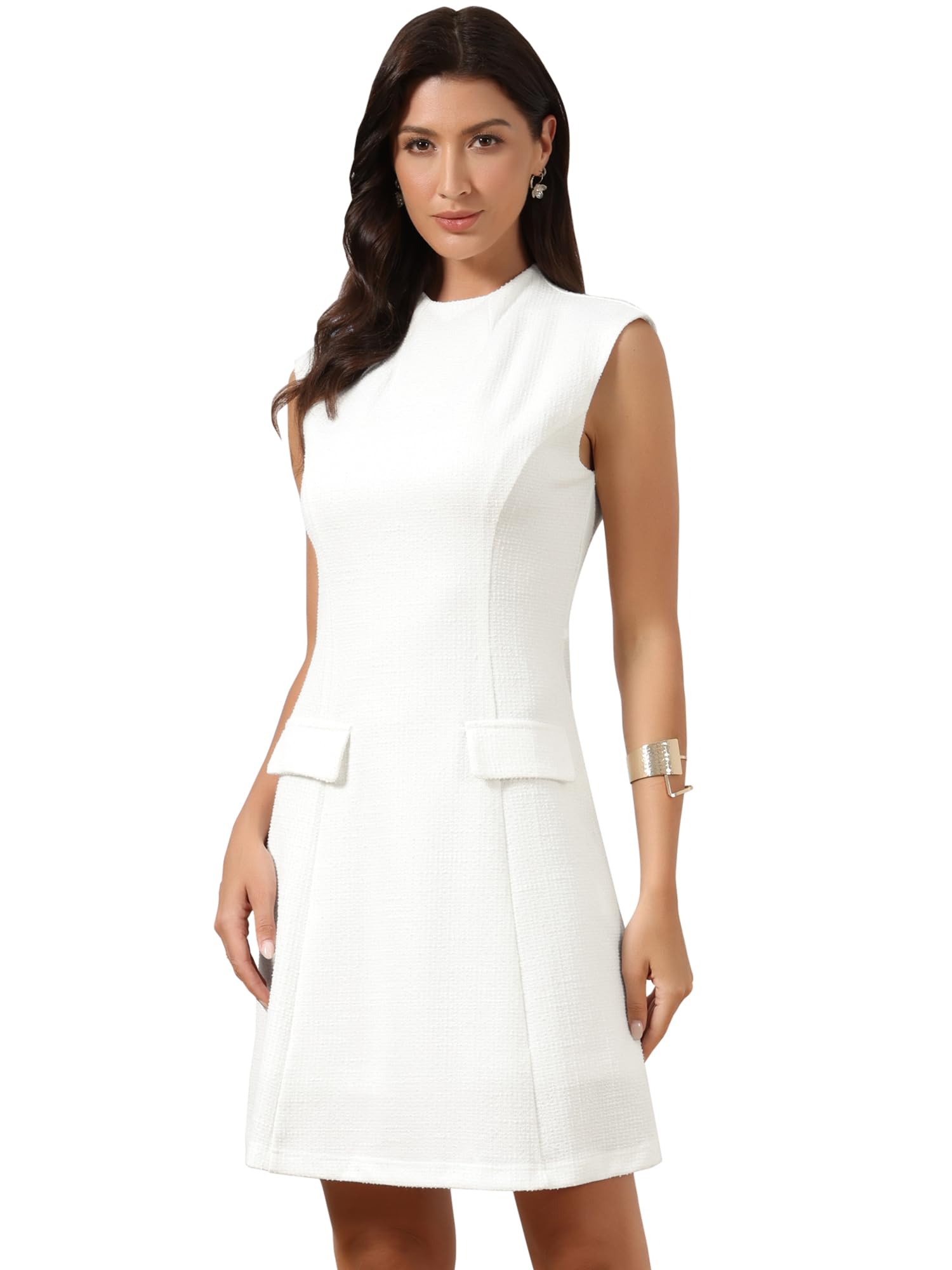 Allegra K Tweed Dress for Womens 2026 Mock Neck Sleeveless Office Sheath Dress
