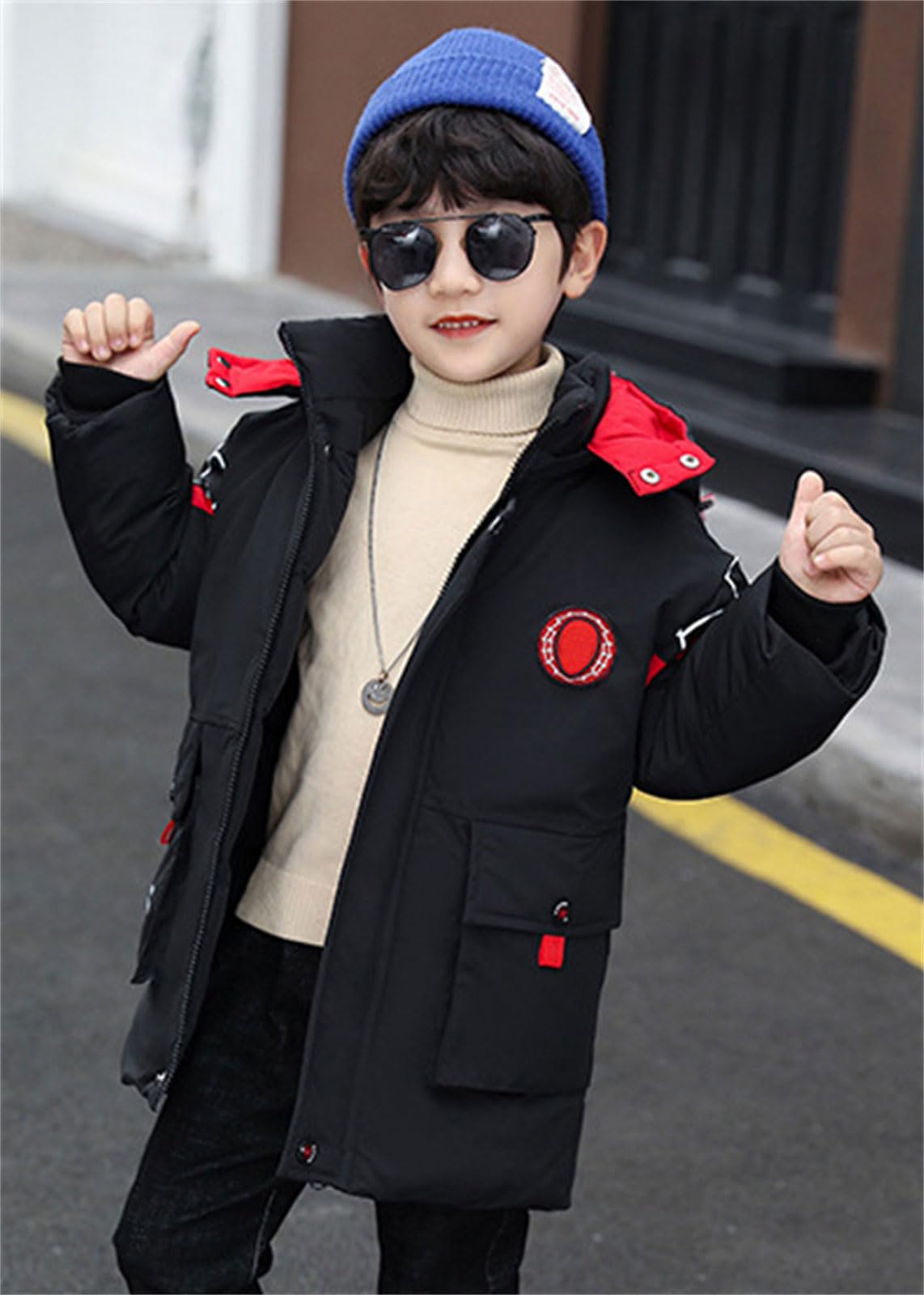 Manteau Garçon Hiver Mi-Longue Coton Araignée Veste à Capuche - Taille 130 CM - Noir/rouge