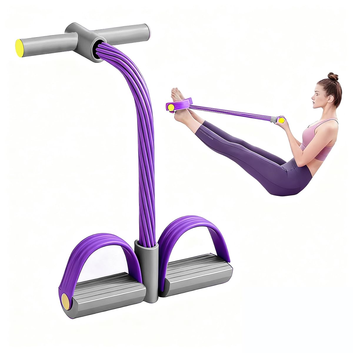 Garegce 6 Tubes Pedal Resistance Band,Sit Up Pull Rope,Abdominal Trainer with Foot Pedal,Full Body Home Workout Equipment for Abs,Legs,Elastic Band for Slimming,Strength Training-Greyish-Purple