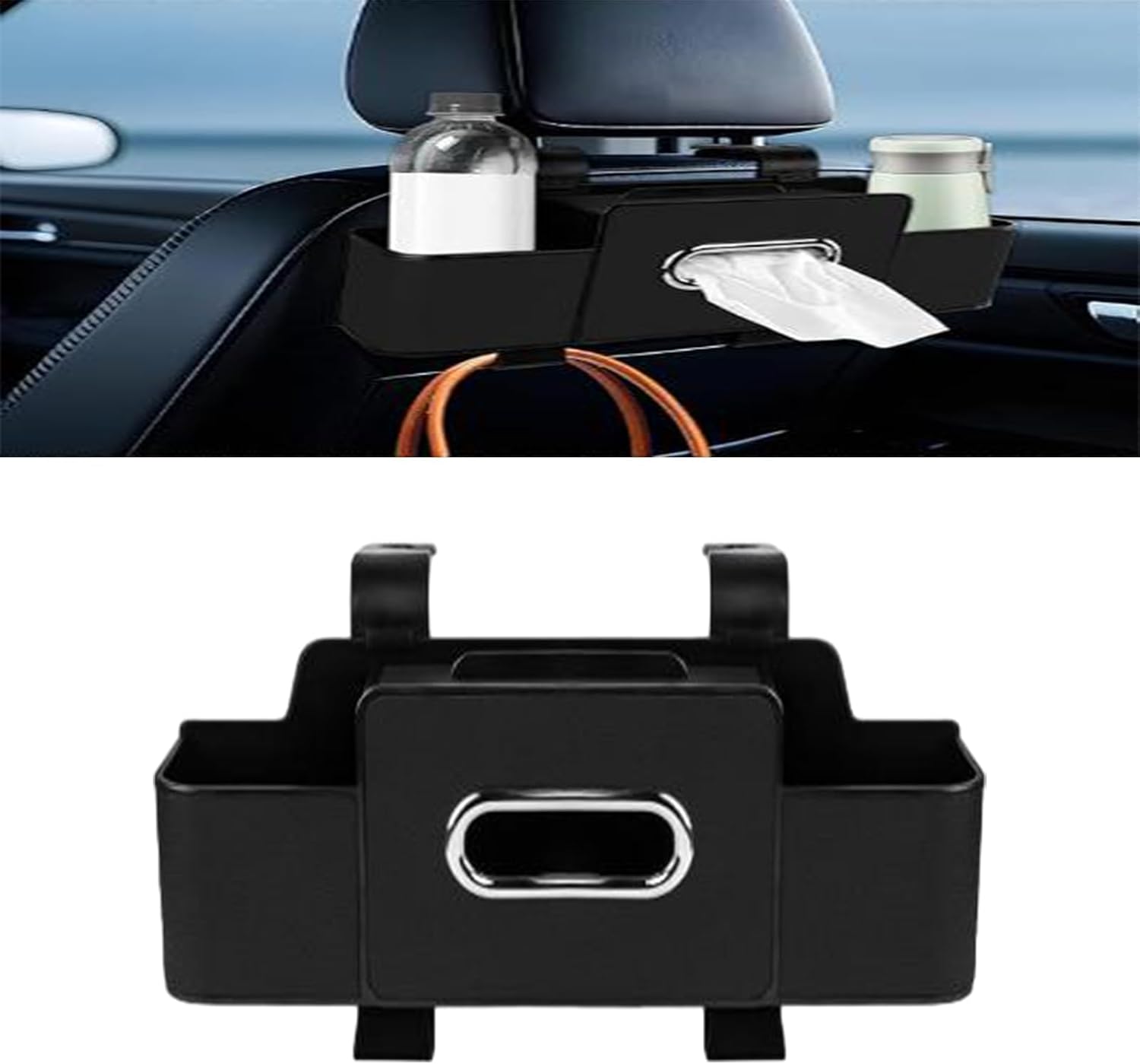 Multifunctional Car Seat Back Storage Box, Universal Organizer with 2 Cup Holders, Car Tissue and Backrest Storage, Adjustable and Versatile Design for Efficient Car Storage Solutions (Black)