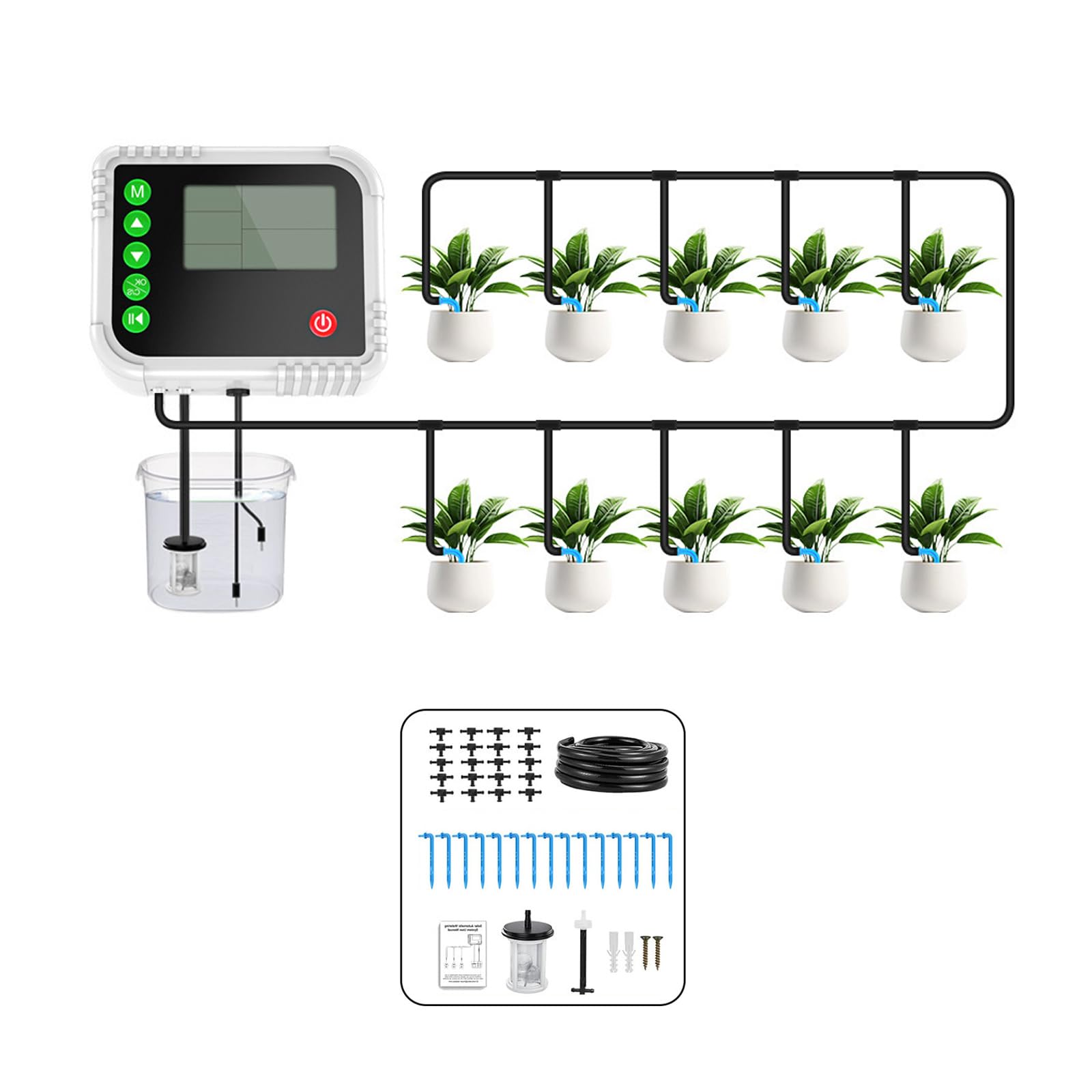 Contrôleur d'arrosage goutte à goutte automatique pour pot avec modes automatique et manuel, tubes et goutteurs pour conteneurs de balcon, zones de jardin, minuterie d'arrosage automatique