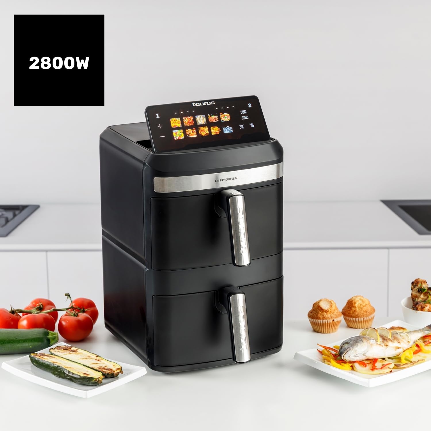 Taurus Friteuse sans huile Duo Slim | 13 L | 14 personnes | 2 paniers | Cuit 2 assiettes en même temps | 10 programmes | Minuterie 90 min | Compact | Écran tactile numérique