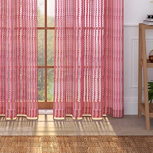 Image of Story@Home Sheer Polyester Linen Look Semi Transparent Voile Grommet Door Curtains (Dark Pink, 46 x 84 Inch Long) - Set of 4 Panels