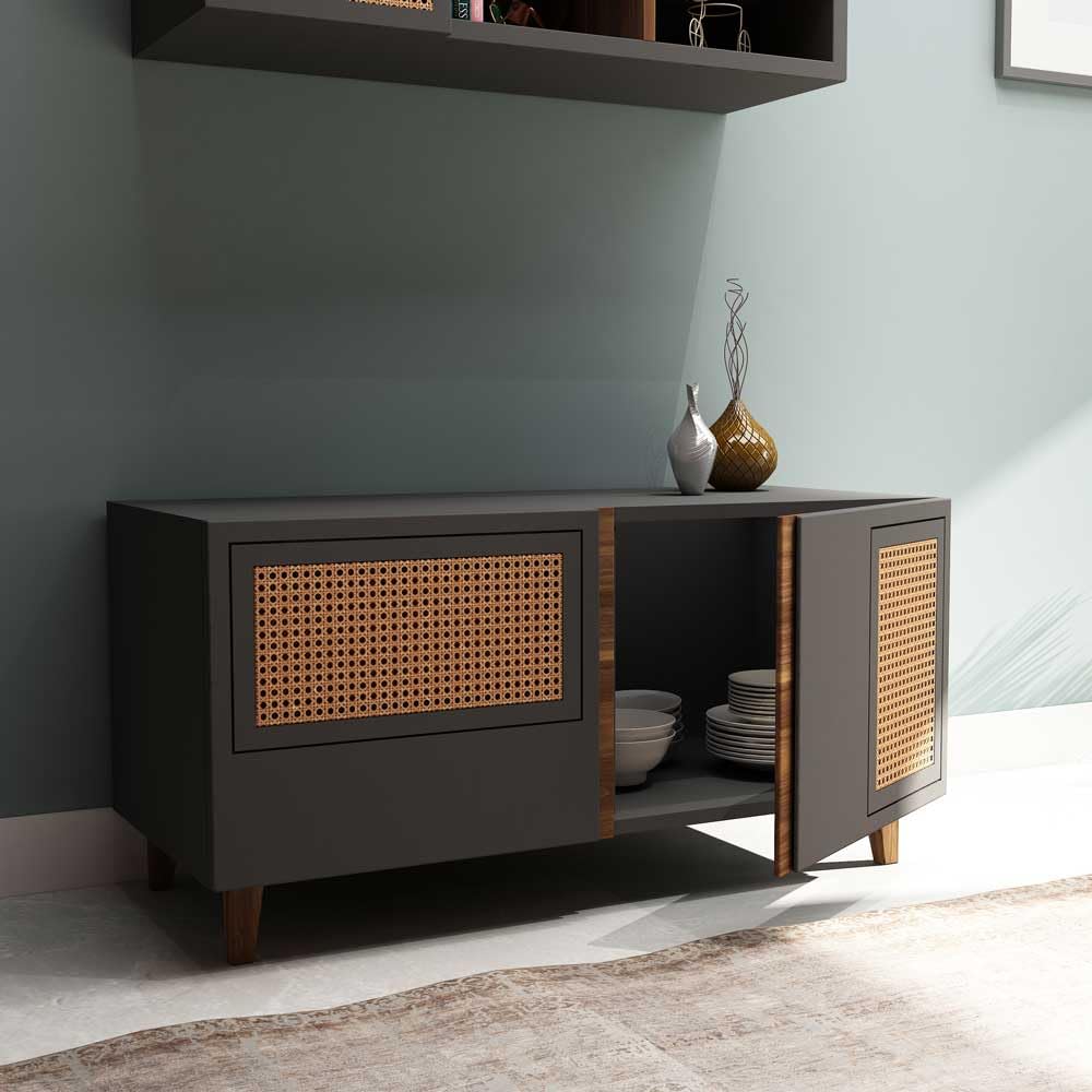Sheesham Wood Tv Cabinet with Double Door -Rattan Table Unit Display Storage Rack with Shelf for Home & Office (Walnut Finish)-image-16