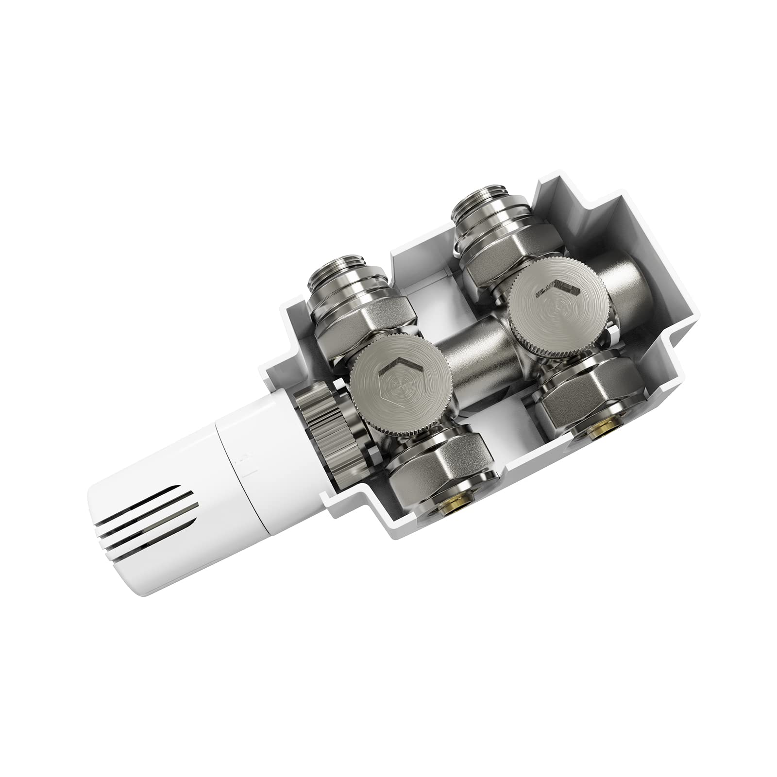 Heilmetz Multiblock Set für Heizkörper Anschlussarmatur mit Thermostat 50mm Ventil-Armaturen Heizungszubehör Eck- und Durchgangsform Wandanschluß Anschlußgarnitur (15mm + 16mm, 1 Stück, Weiß | Typ 2)