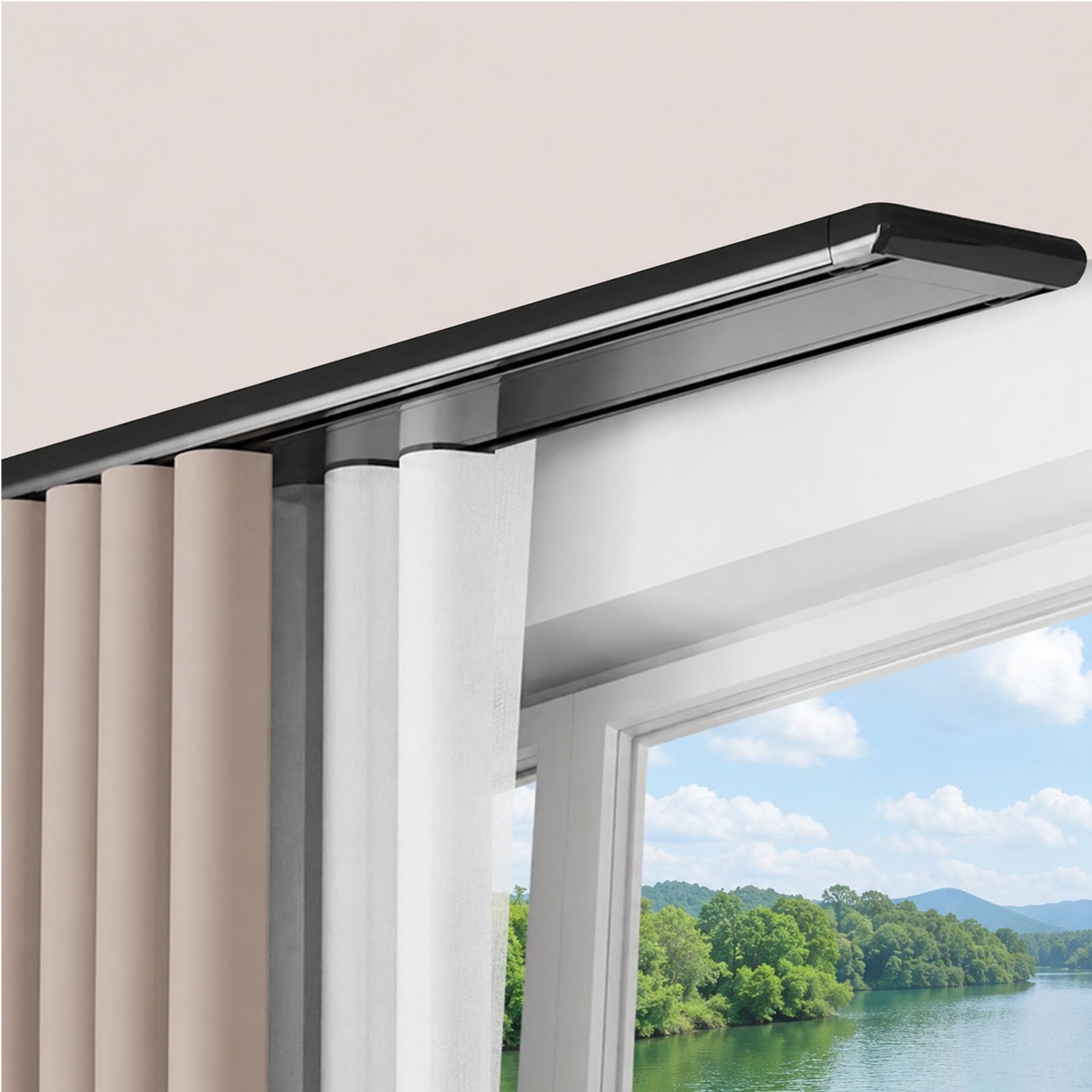 Ceiling Curtain Track Set Double Tracks Curtain Rails Dual Row Curtain Track Ceiling Mount Heavy Duty Aluminum Room Divider Track Double Ceiling Curtain Rail With Silent(Black,1.2m(3.9ft))