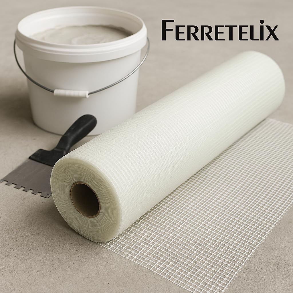 Ferretelix® Treillis en Fibre de Verre pour Enduits Professionnels Blanc 1 M x 50 M – Maille 5 mm x 5 mm