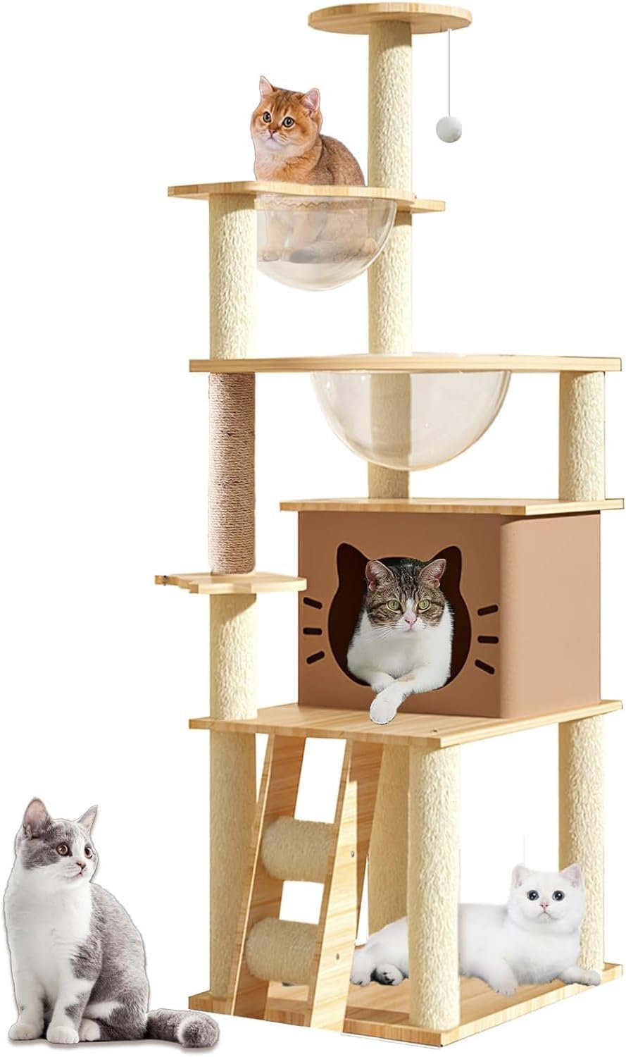 Mekidulu 145cm Cat Tree For Indoor Cats - Multi-Level Condo with 2 Bowls,1 House,2 Perches,1 Ladder,1 Pompoms,Bearing weight 15kg,Wooden Cat Tree（Beige N3）
