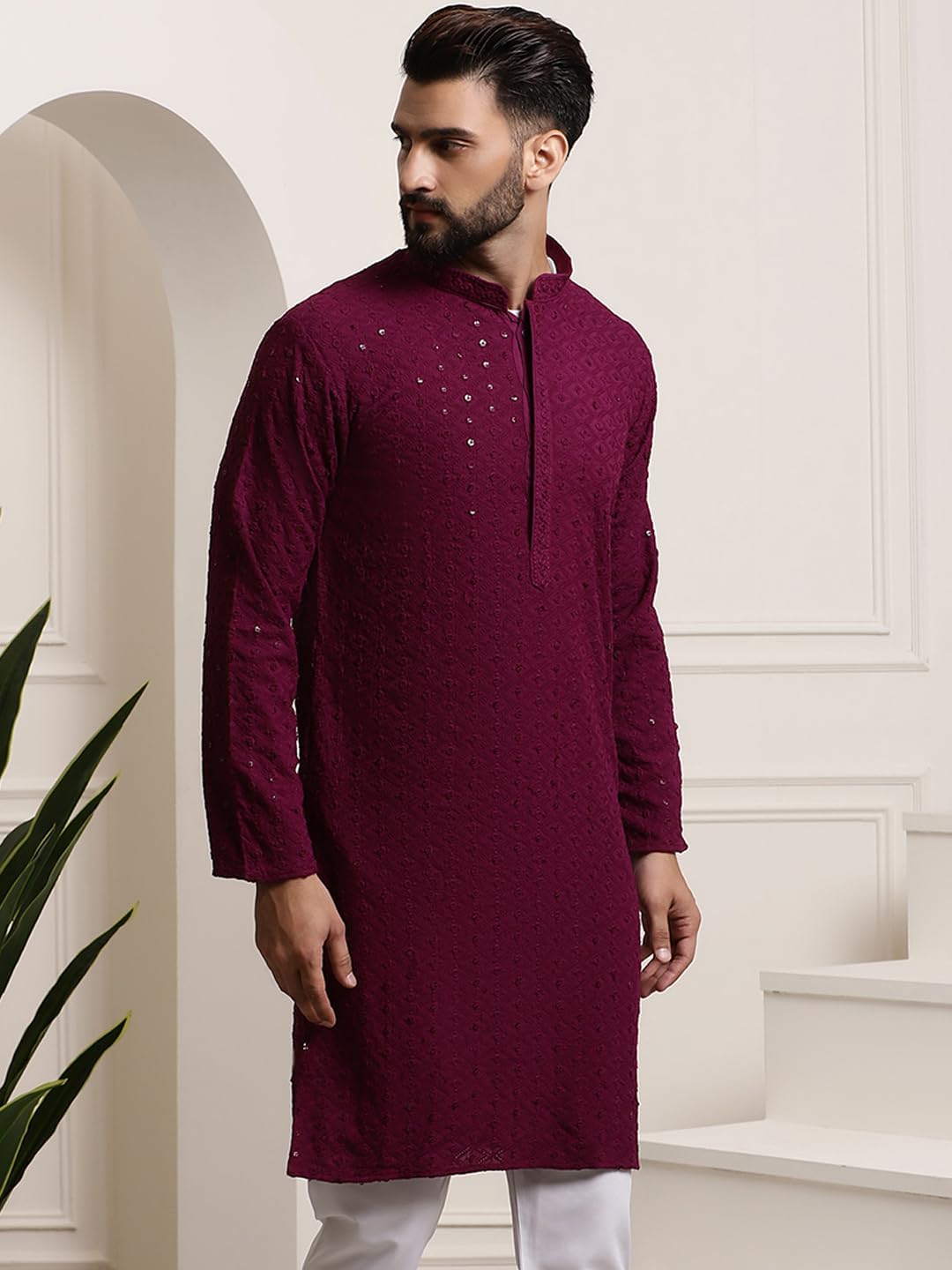 Size Large 40 Color Red Sojanya (Since 1958 Men'S Pure Cotton Sequence Long Kurta