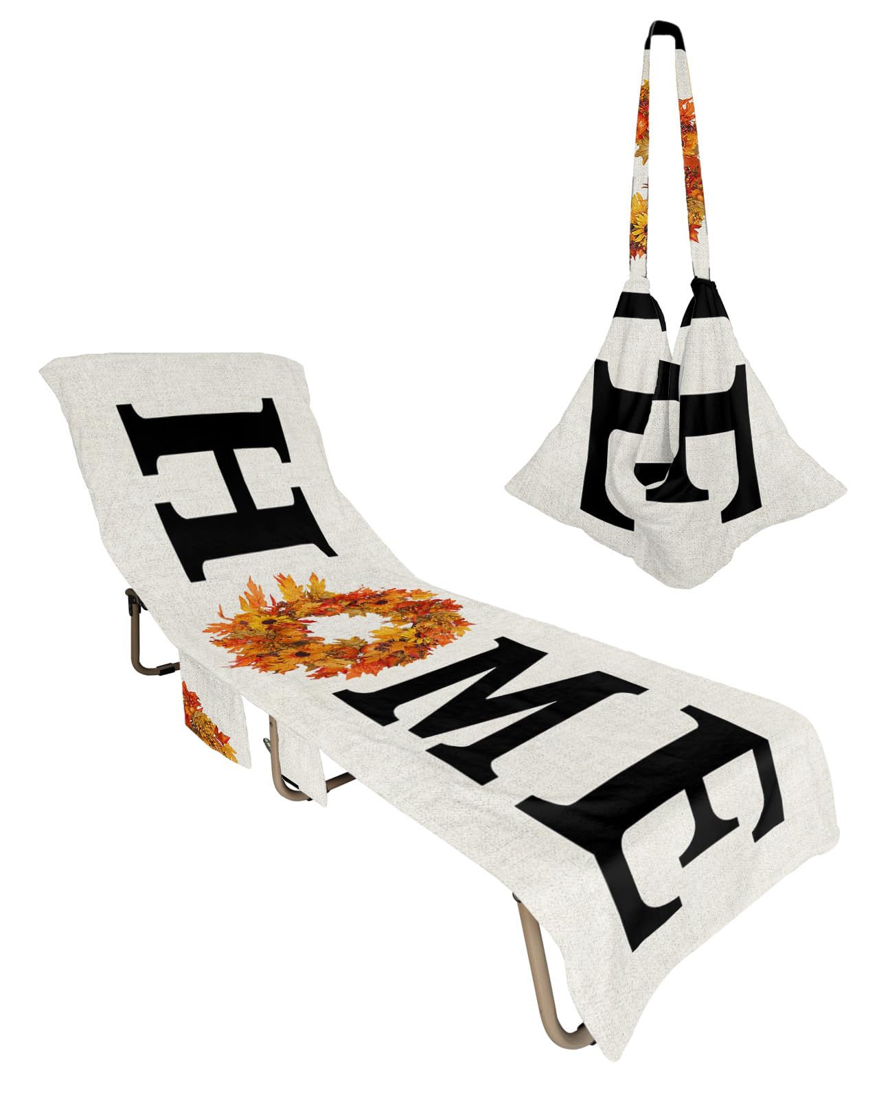 Farmhouse Home Beach Pool Patio Lounge Chaise Chair Cover Towel with Pockets,Absorbent & Quick Dry Microfiber Towel Cover Bag Summer Travel Accessories for Sunbathing Fall Maple Leaf Thanksgiving